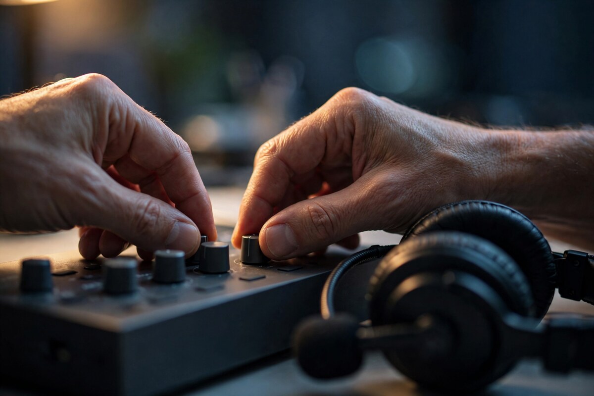 Hands adjusting a hardware audio interface beside a headset