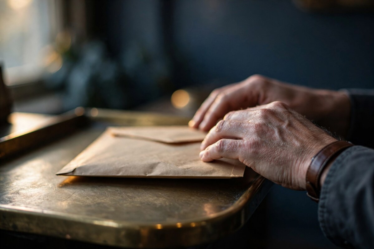 Hands sliding a sealed envelope across a brass bank tray