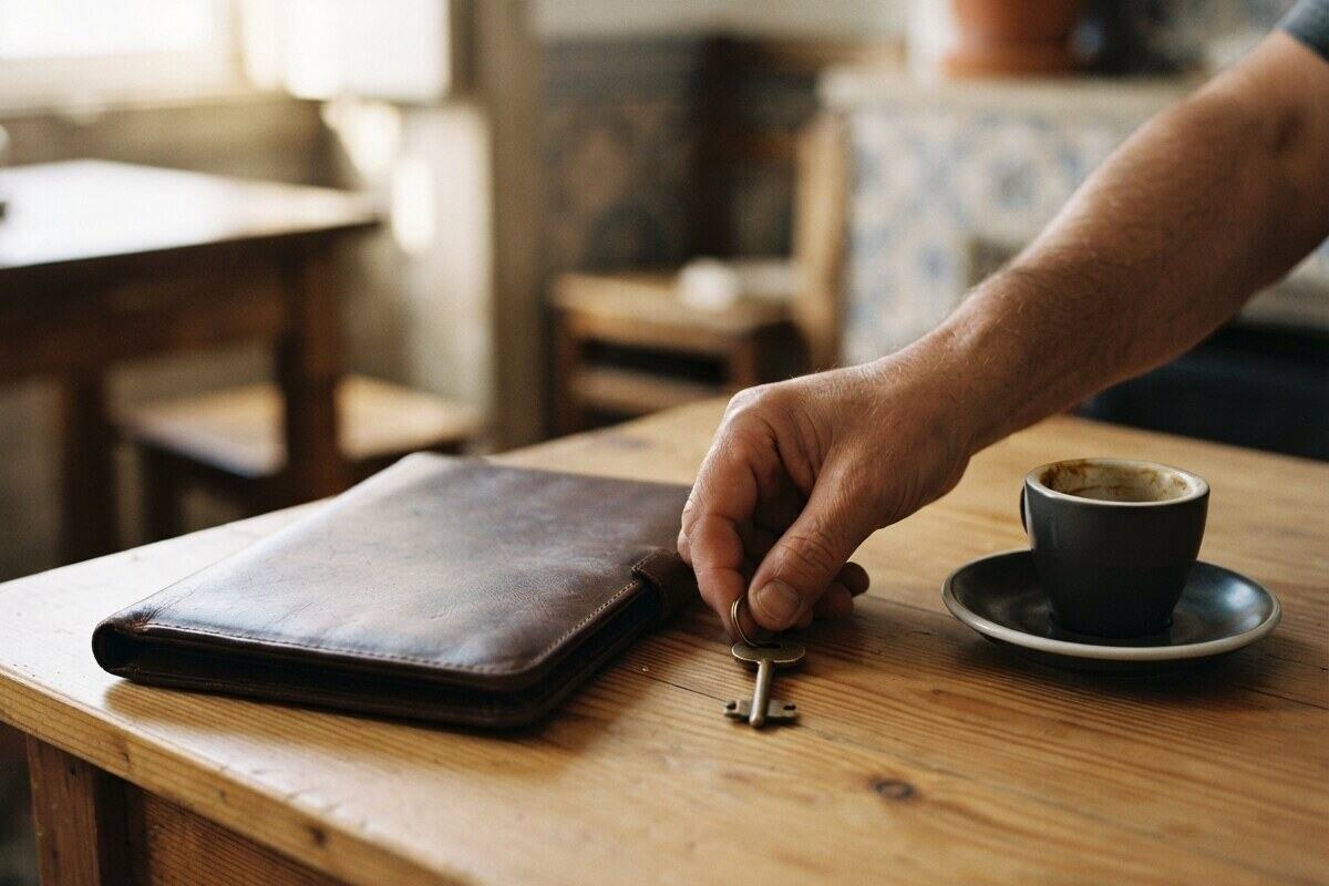 Hands setting a house key beside a closed leather folio