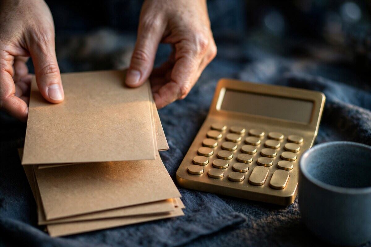 Hands sorting blank kraft envelopes beside a brass calculator