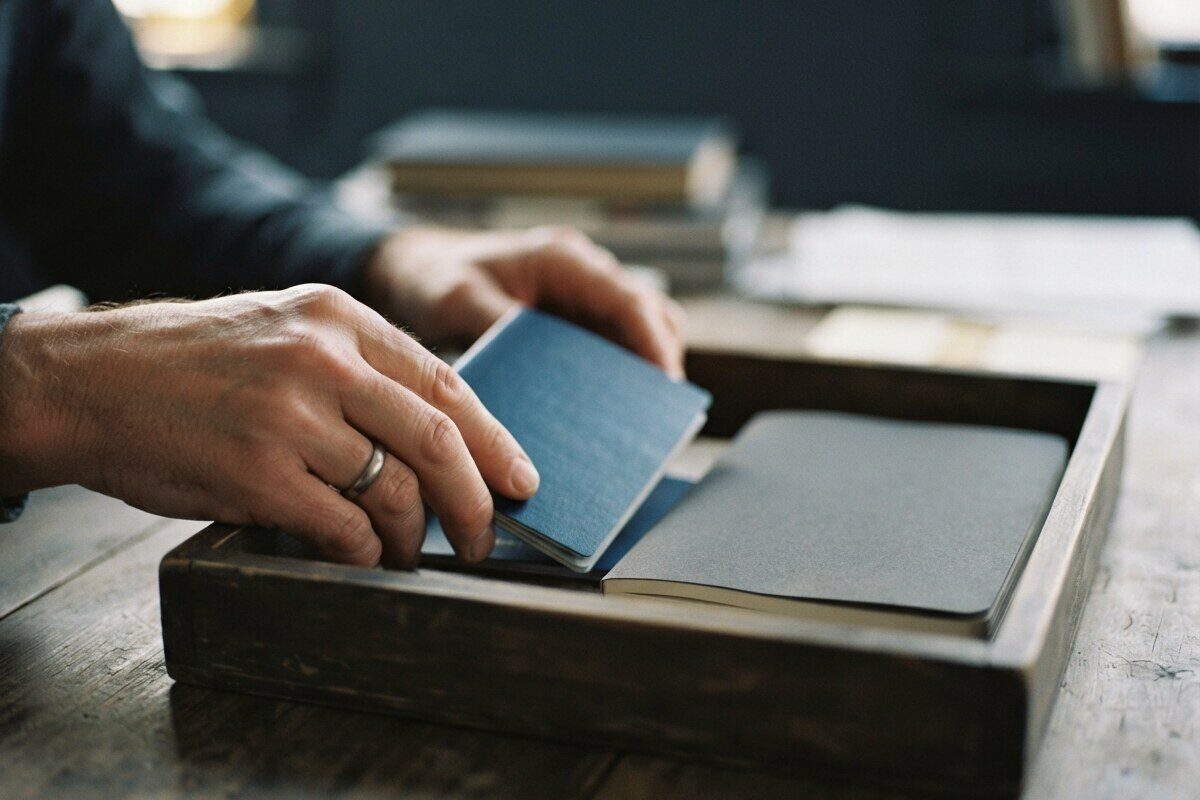 Hands placing a closed passport into a document tray