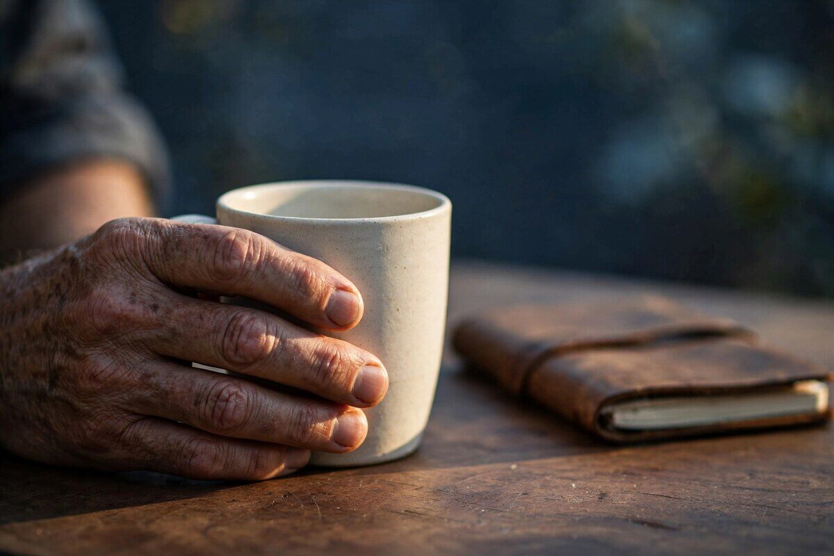 Close-up of hands holding a cup at a walnut table