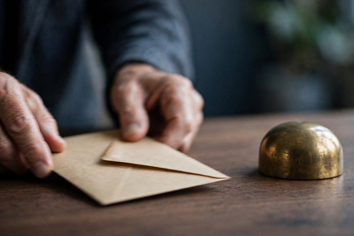 Hands sliding a sealed kraft envelope across a walnut desk