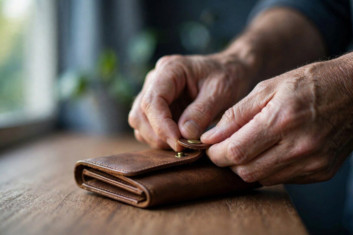 Hands fastening a plain leather travel wallet on a teak counter