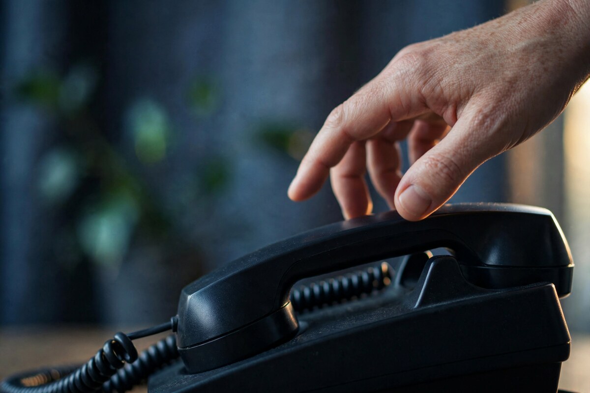 Close-up of a hand placing a telephone handset onto its cradle