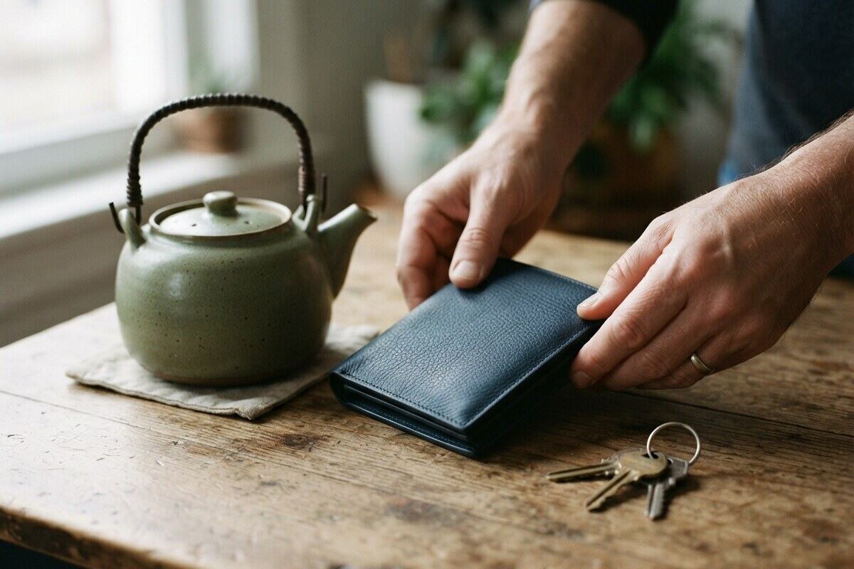 Hands placing a closed navy wallet beside a ceramic teapot