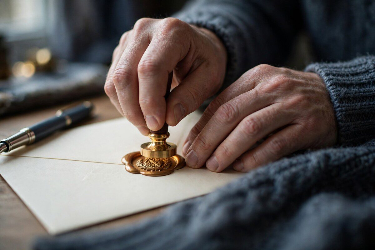 Hands sealing a blank cream envelope with a brass wax stamp
