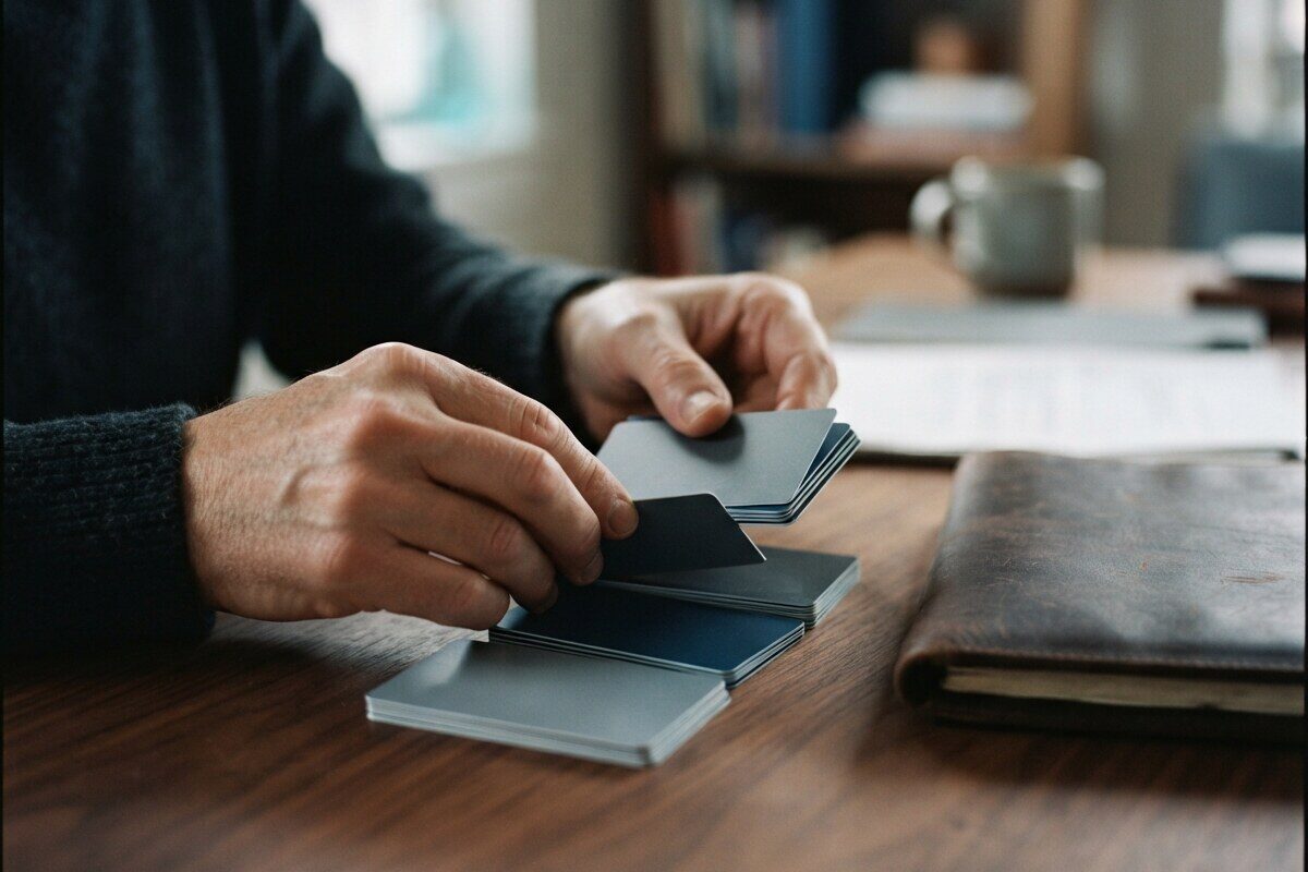 Hands sorting unmarked bank cards beside a closed leather folio