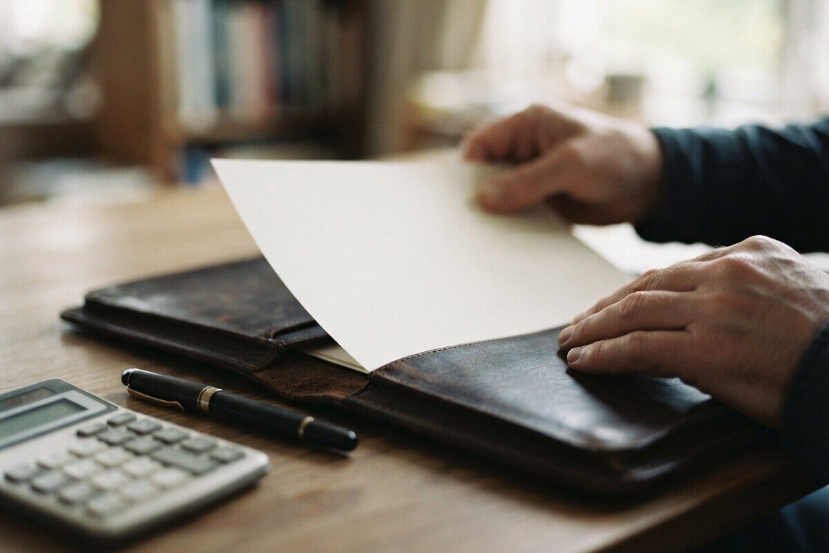 Hands placing a blank sheet into a leather document folio