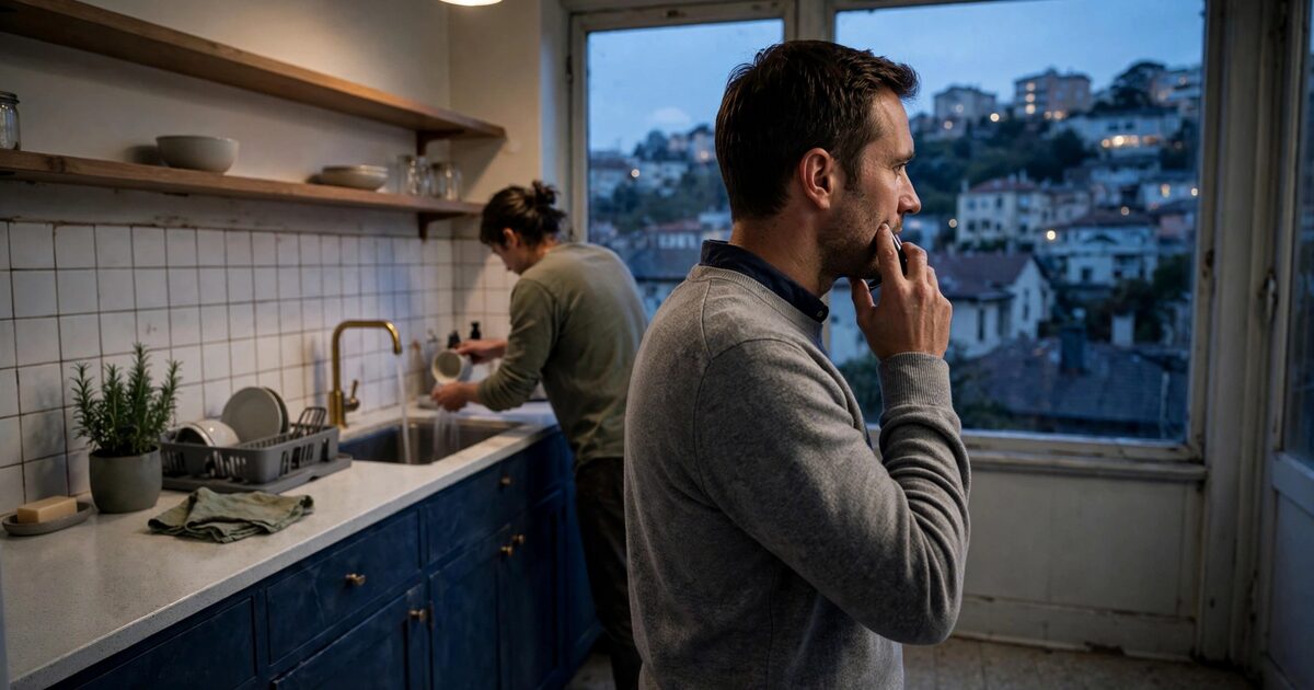 Person on a phone call in a tiled apartment kitchen at dusk