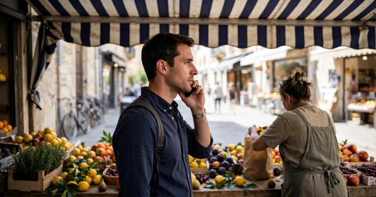 Person on a phone beside a fruit stall under a striped awning