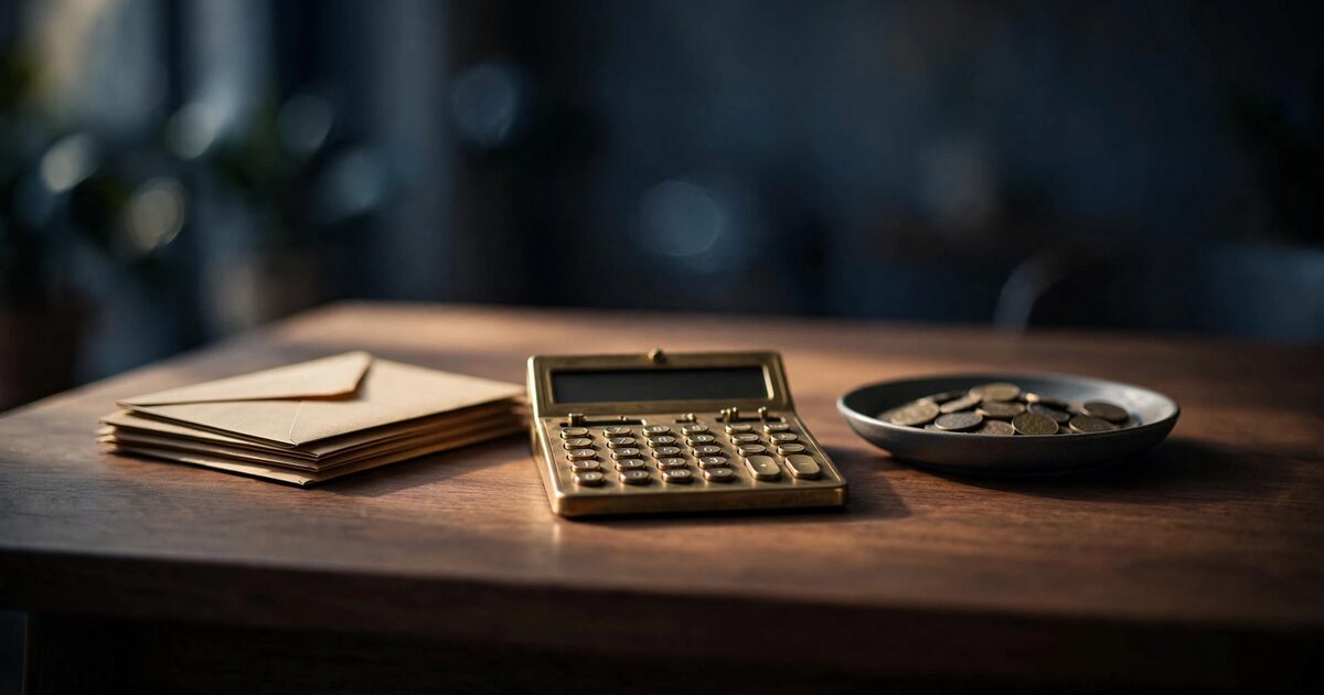 Sunlit desk with a brass calculator, blank envelopes, and metal tokens