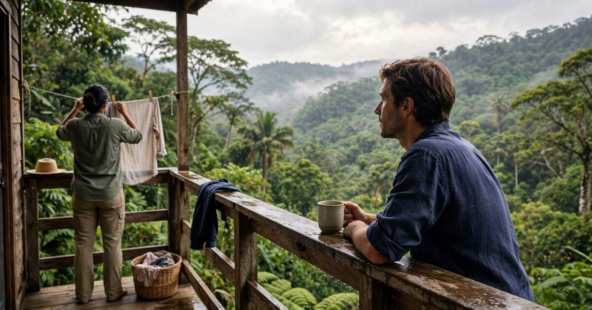Two people on a rented balcony above a forested valley in morning light