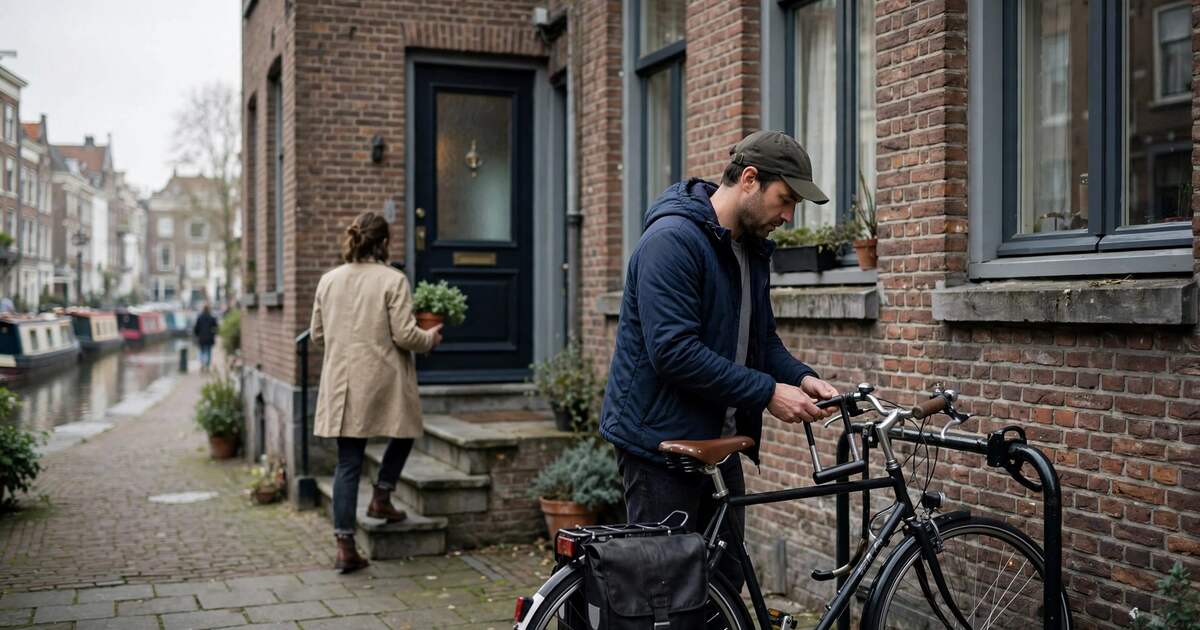 Person locking a bicycle in a brick courtyard while another carries a plant