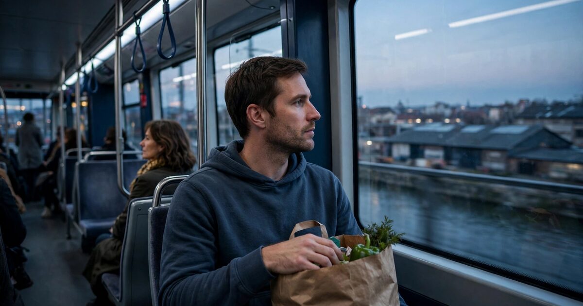 Person in profile holding a grocery bag on a dusk tram