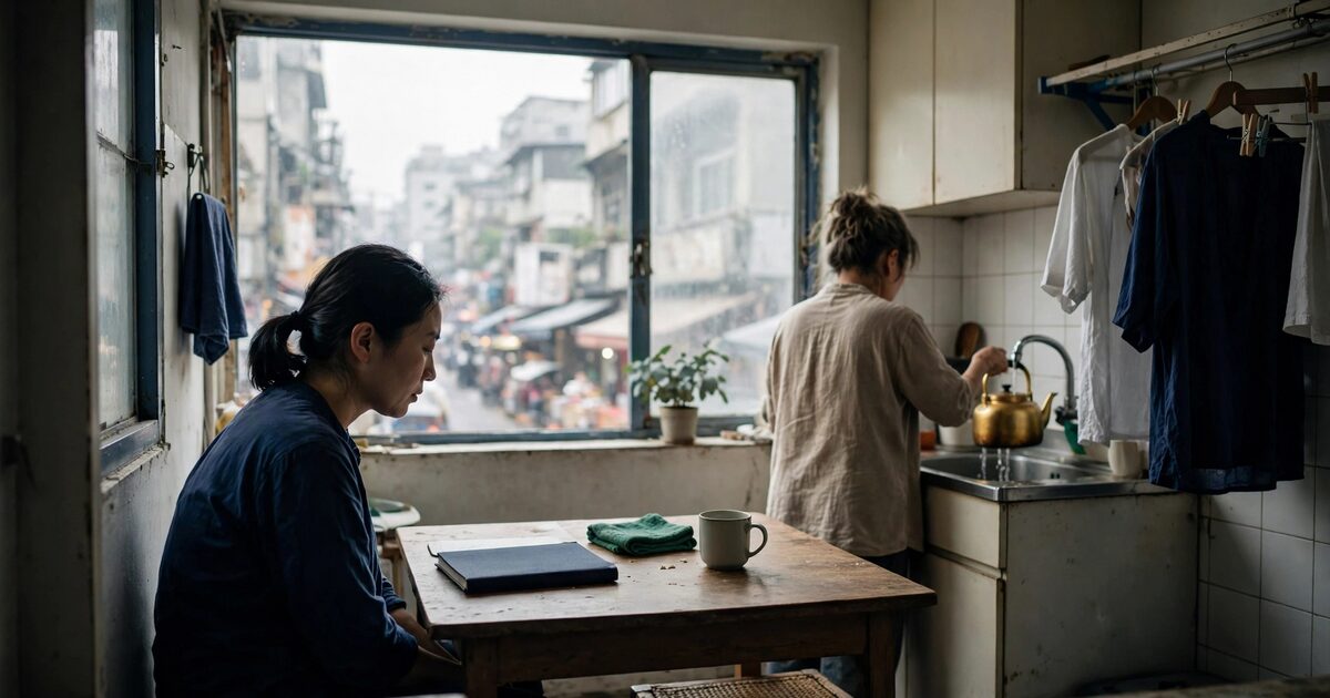 Person at a kitchen table abroad while another fills a kettle