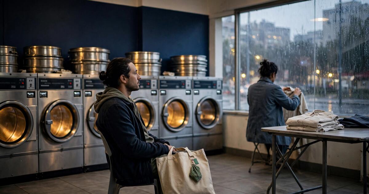 Two people in a rainy laundromat, one seated and one folding a shirt