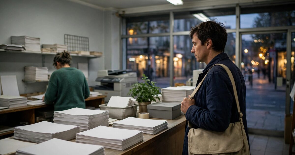 Person with a canvas satchel waiting in a copy shop queue at dusk