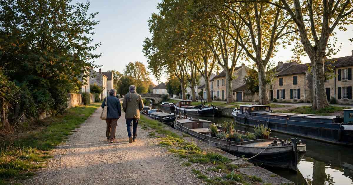 Two older people walking a canal towpath in warm afternoon light