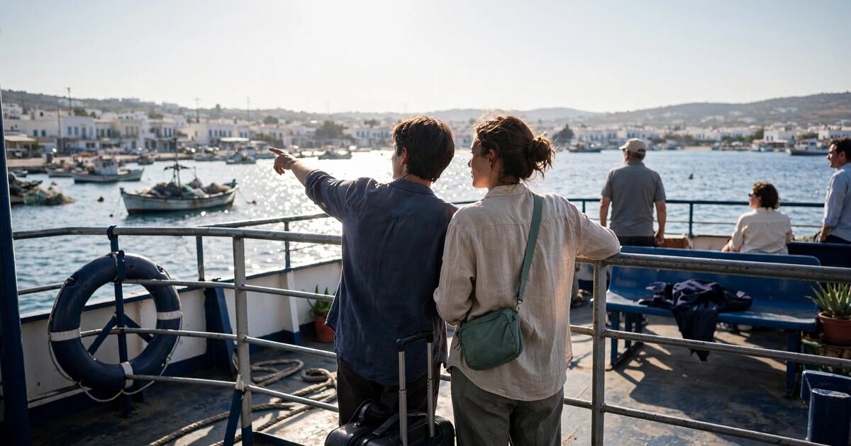 Couple at a ferry rail looking toward a sunlit port town