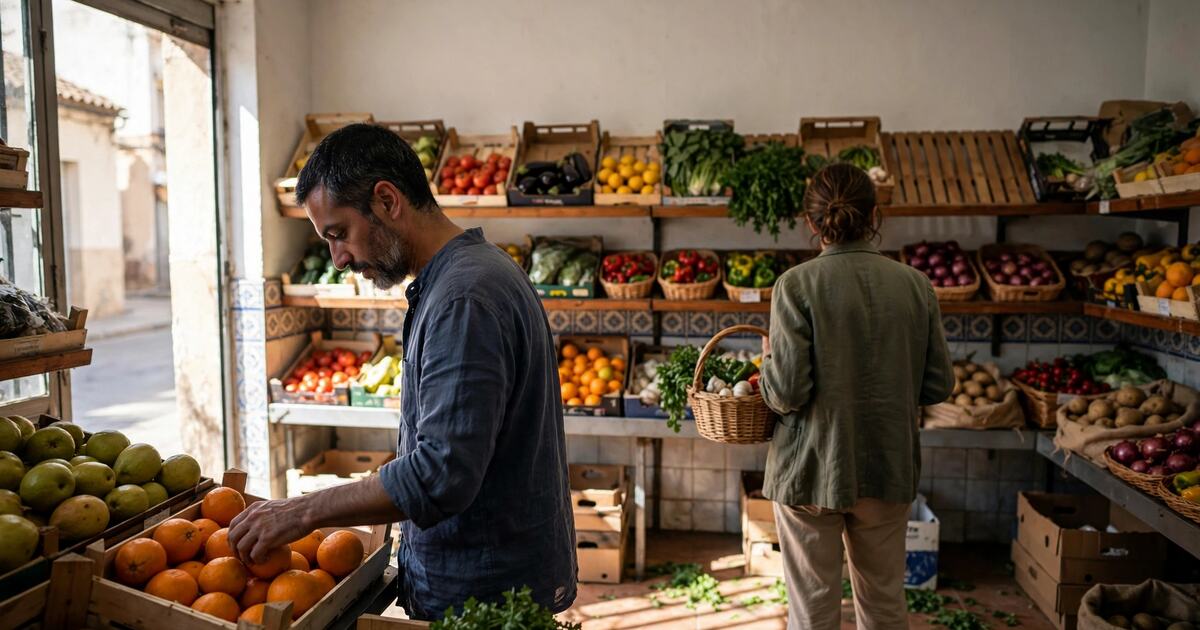 Two shoppers in a neighborhood grocery, one choosing fruit and one holding a basket