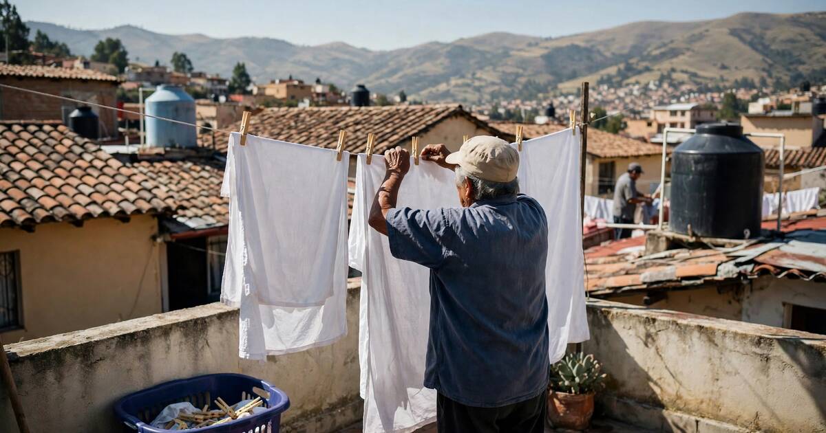 Older person hanging sheets on a rooftop terrace above terracotta roofs