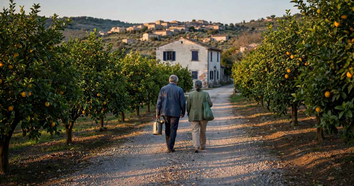 Older couple walking a gravel lane between citrus trees toward a farmhouse