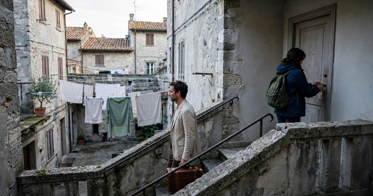 A person in profile carries a suitcase up a stone stair toward an open door