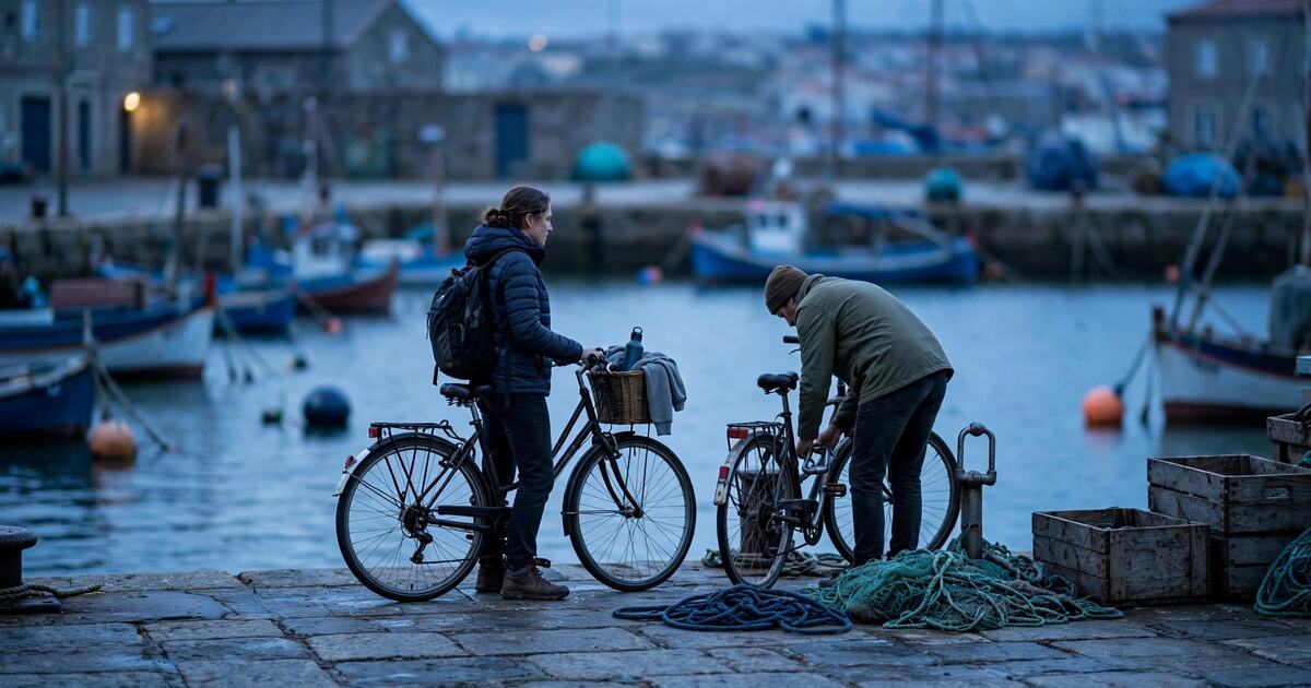 Two people with bicycles on a harbor quay at dusk