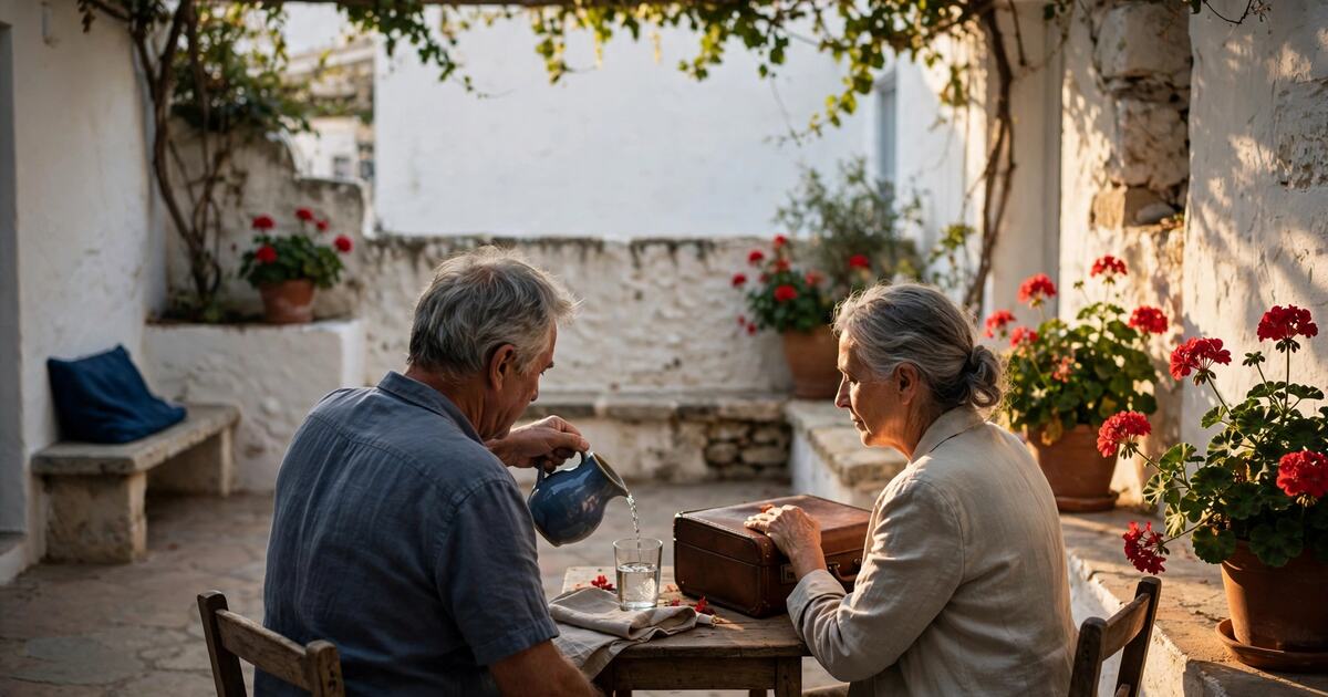 Retired couple seated at a courtyard table beside a suitcase