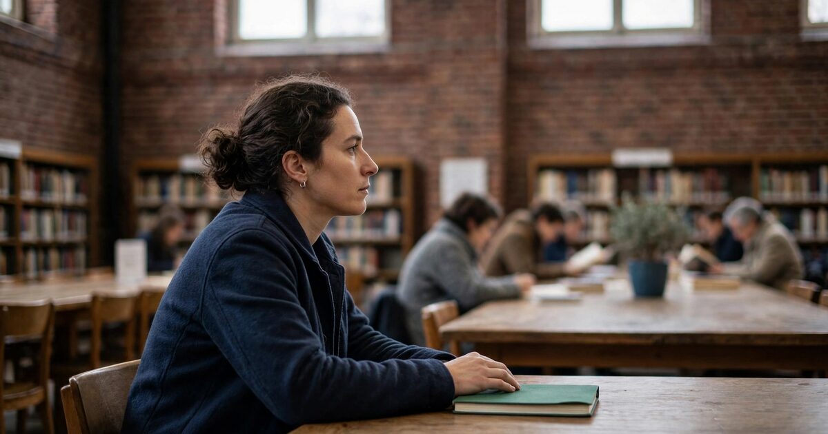 Person in profile at a long library table in pale window light