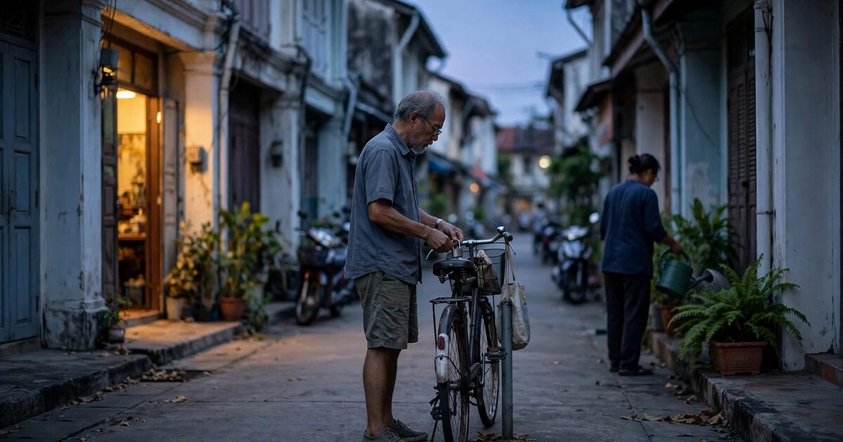Older person locking a bicycle in a warm shophouse lane at dusk