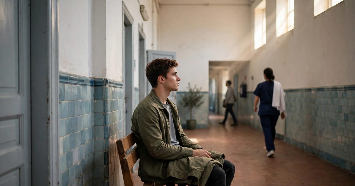 Person waiting on a bench in a sunlit hospital corridor