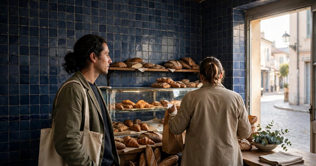 Person waiting in a tiled bakery with a canvas tote, morning light
