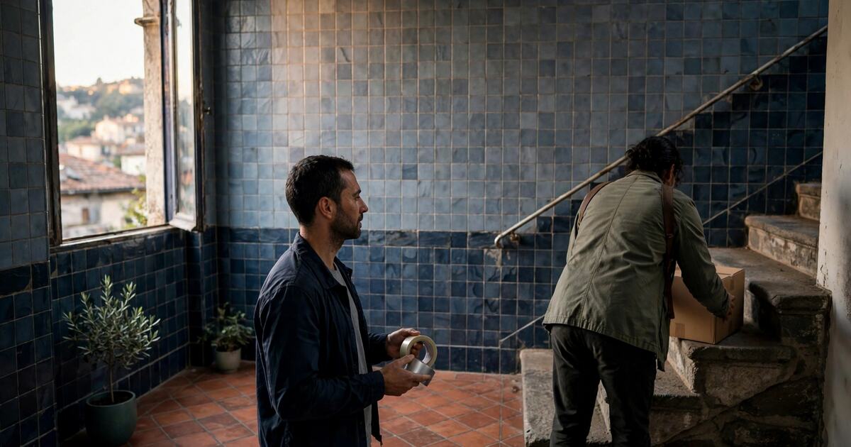 Person holding packing tape beside a cardboard box in a tiled entry