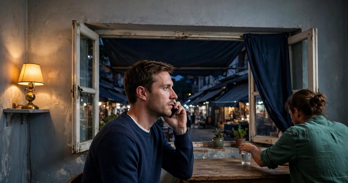 Person on a phone in a lamp-lit rented room above a dark street