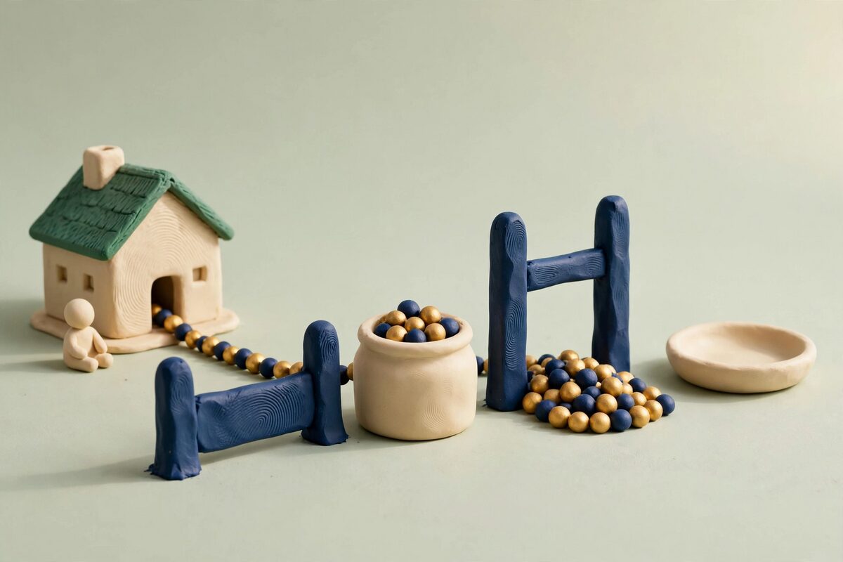 Clay house with a low gate, a tall gate, and beads