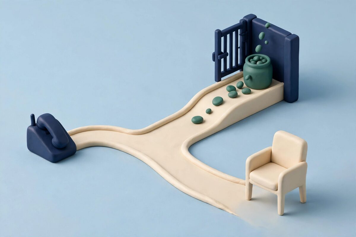 Clay phone path reaches a chair while pebbles drop into a closed jar