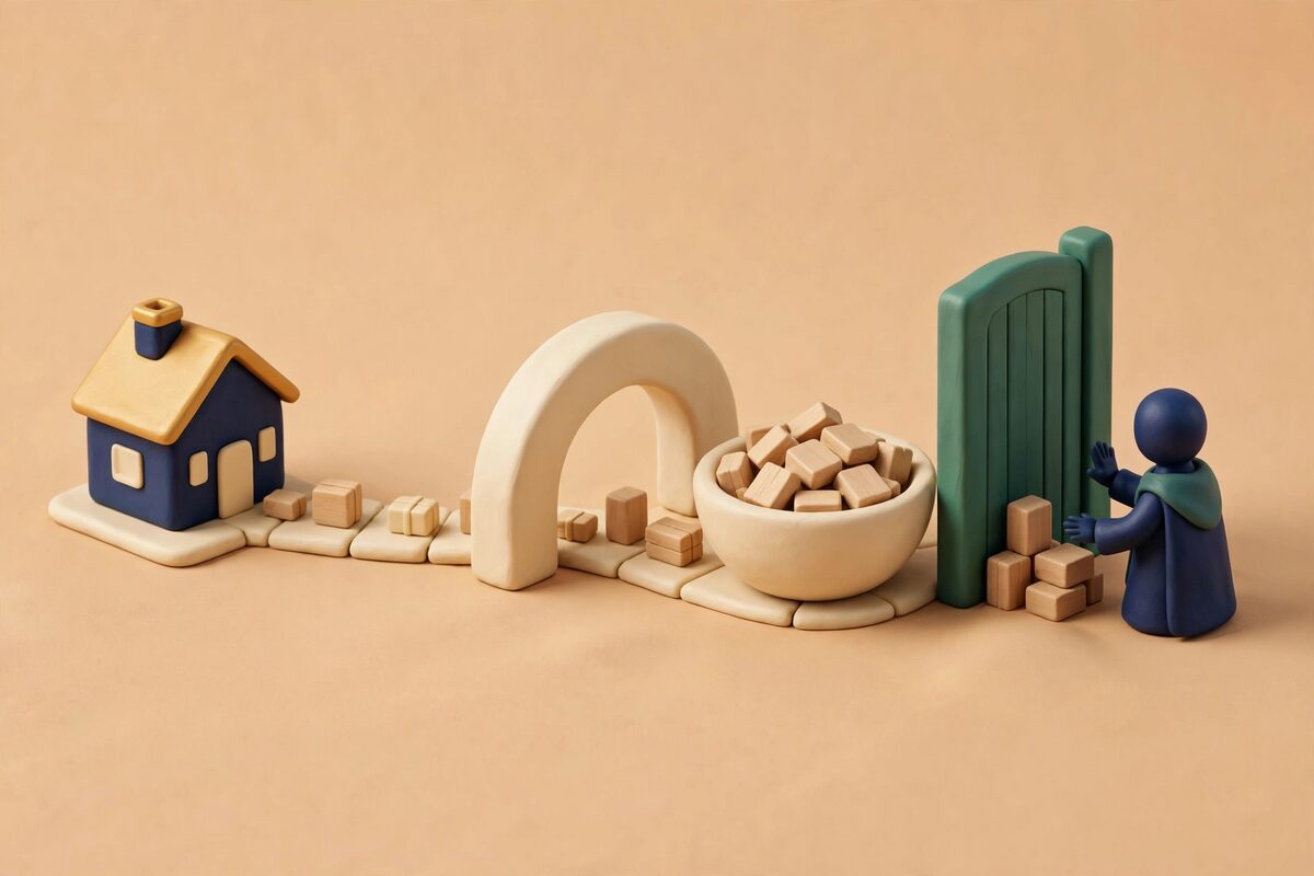 Wooden blocks passing a low arch while a taller gate holds some back