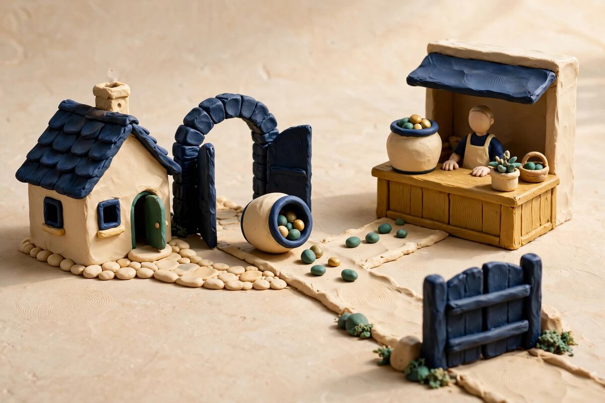 Clay jar of pebbles rolling through an open gate and stopping at a closed gate