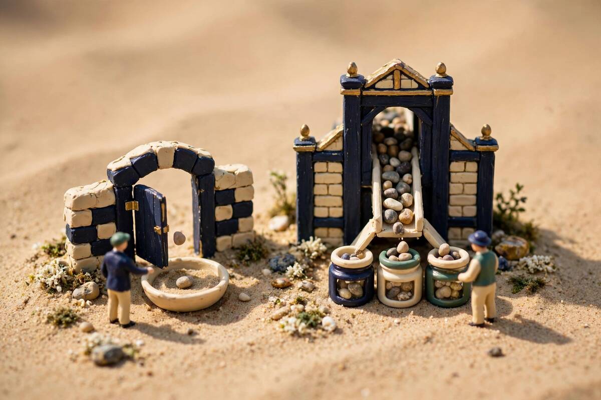 Low and tall clay gates sorting pebbles into a dish and three jars