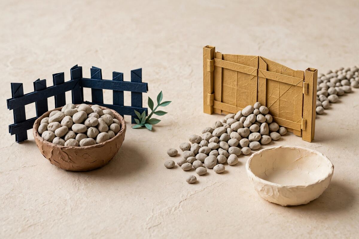 Full clay bowl behind a fence and pebbles stopped by a closed gate