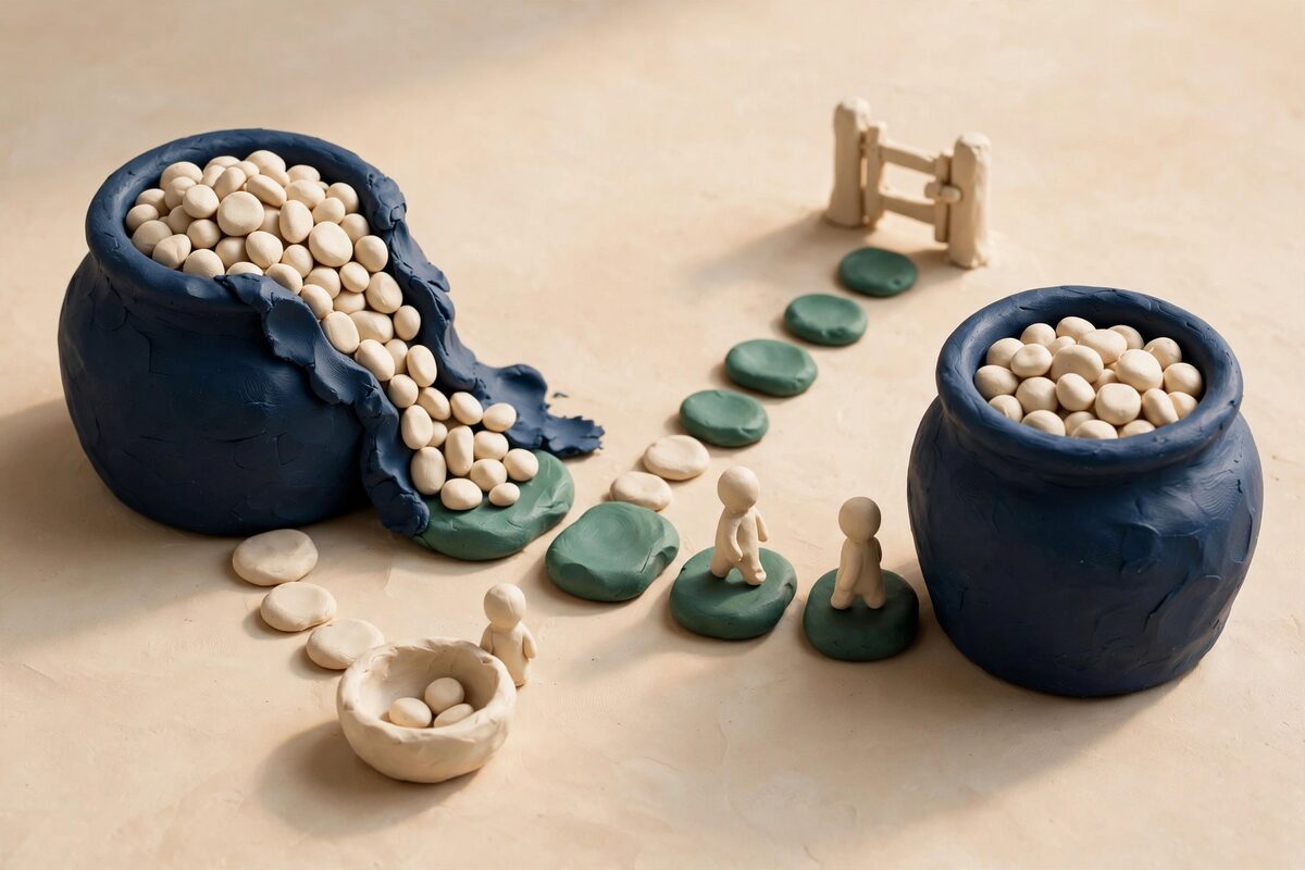 Overflowing clay jar sending pebbles back to a bowl and forward to another jar