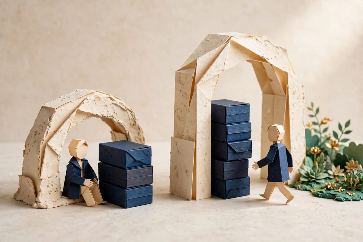 Clay arches with short and tall stacks of wooden blocks
