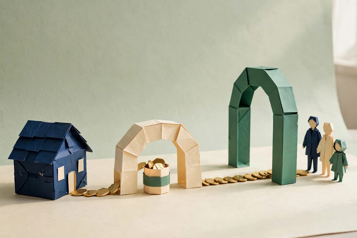 Tiny coins pass a low arch and stop at a taller arch