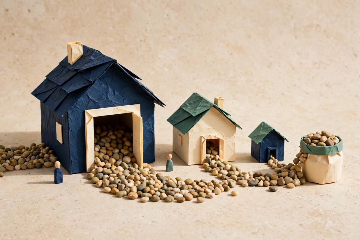 Three clay houses taking uneven shares of a pebble stream into a jar