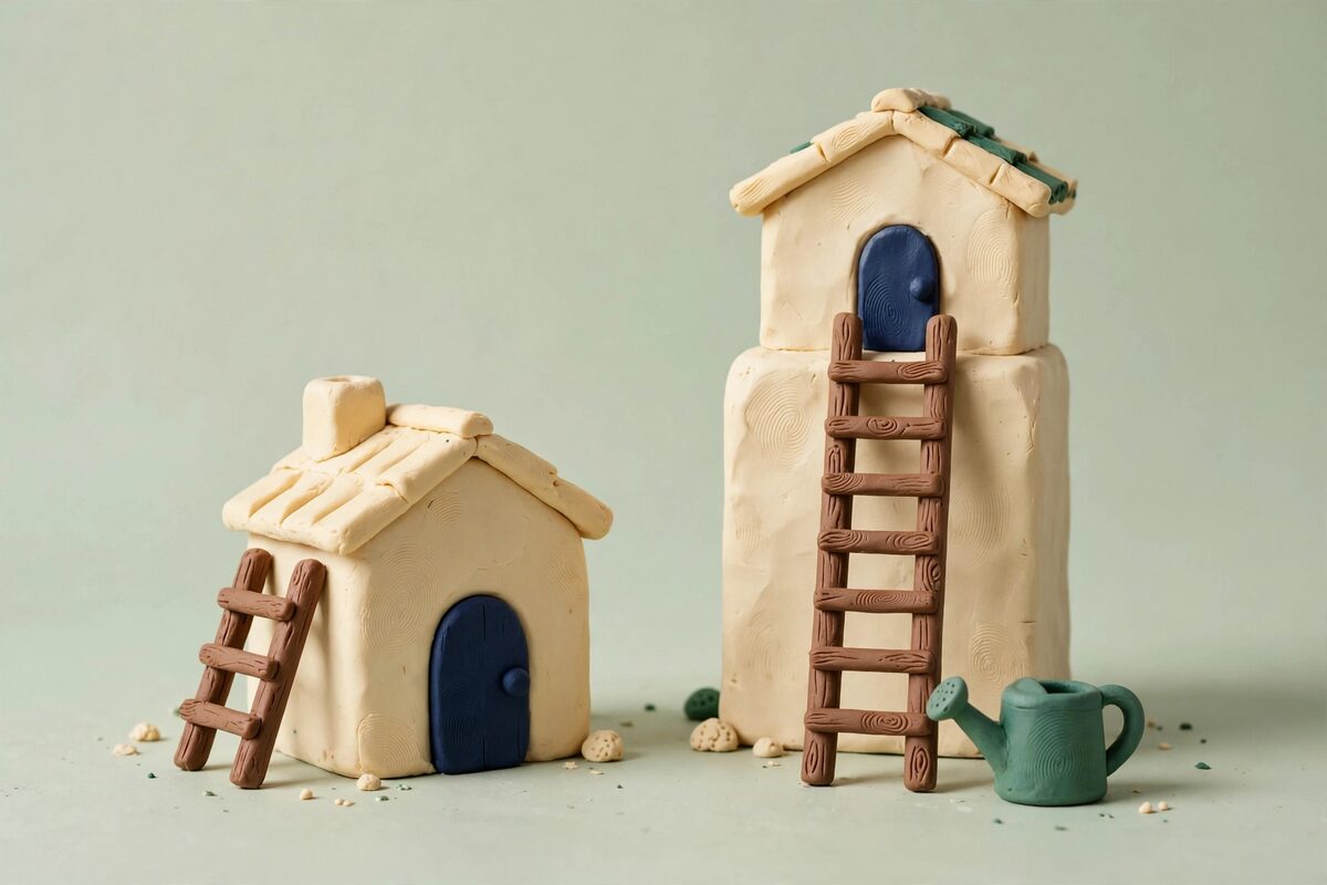 Short ladder reaching a clay house while a taller ladder falls short