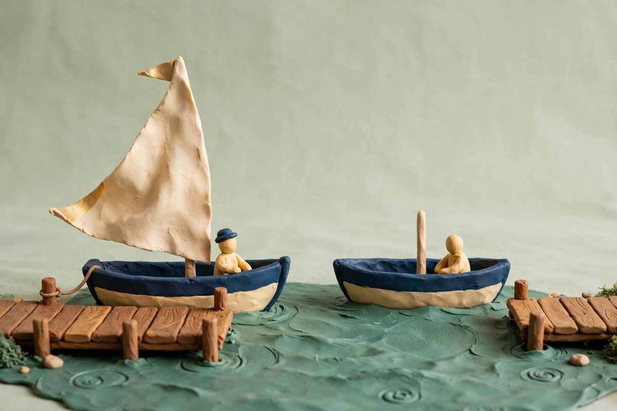 Two clay boats, one with a sail at a dock and one short of shore
