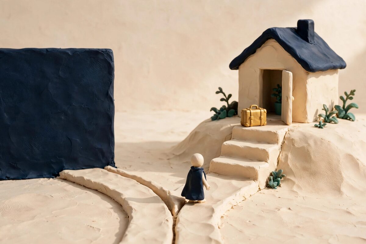 A short path ends at a wall while a longer path reaches a house