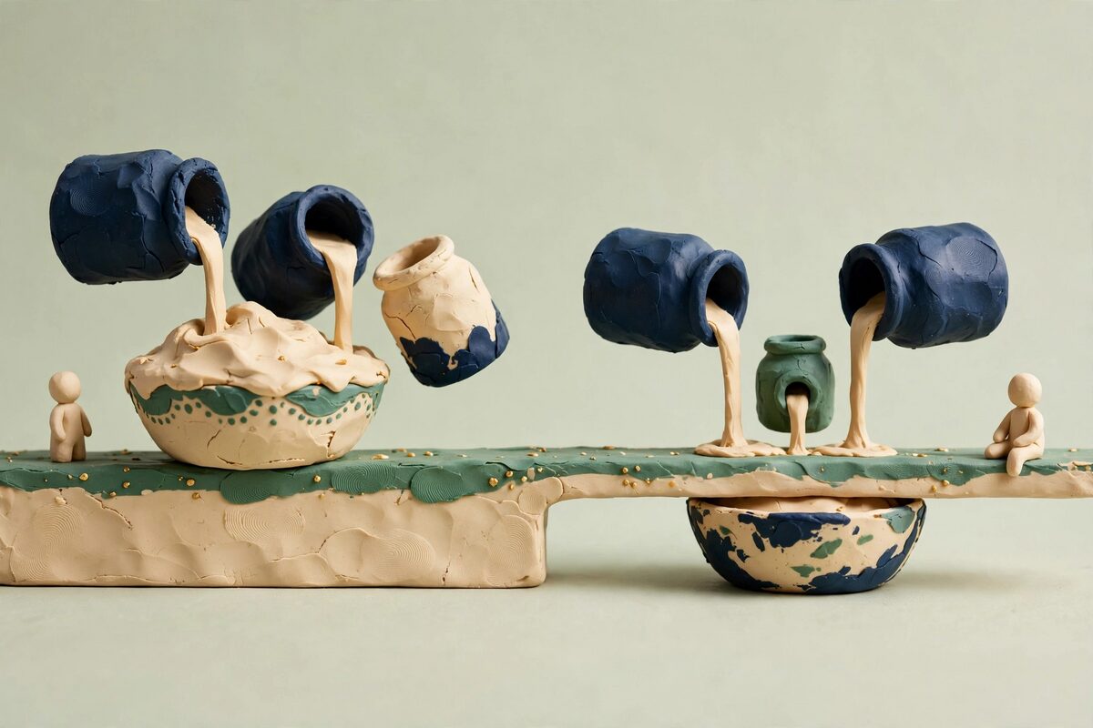Clay jars pouring into bowls set against a low ledge